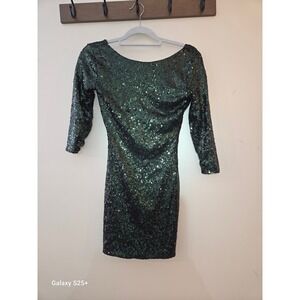 Gianni Bini Emerald Green Sequin Mini Dress 3/4 Sleeve V-Back XS